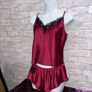 Red and Black Satin Pajama Set with Lace Trim